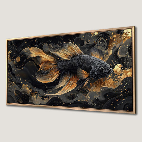 Framed Wall Art: Stunning black and gold betta fish canvas print. Art Deco style with elegant gold accents on a dark background. Perfect home decor.