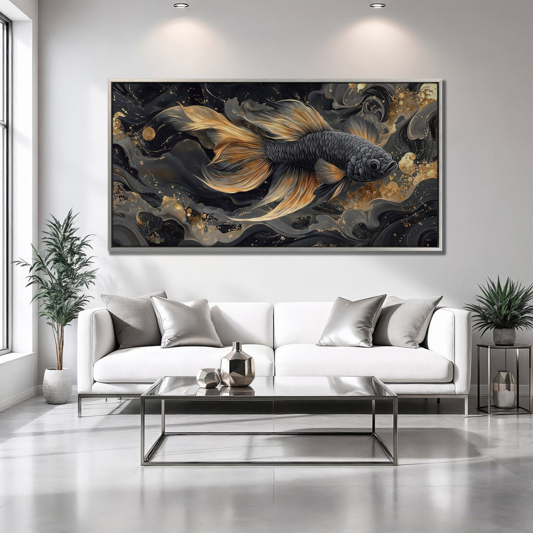 Framed Wall Art: Abstract betta fish in gold, black, and gray. Modern canvas print for living room decor. Elevate your space!
