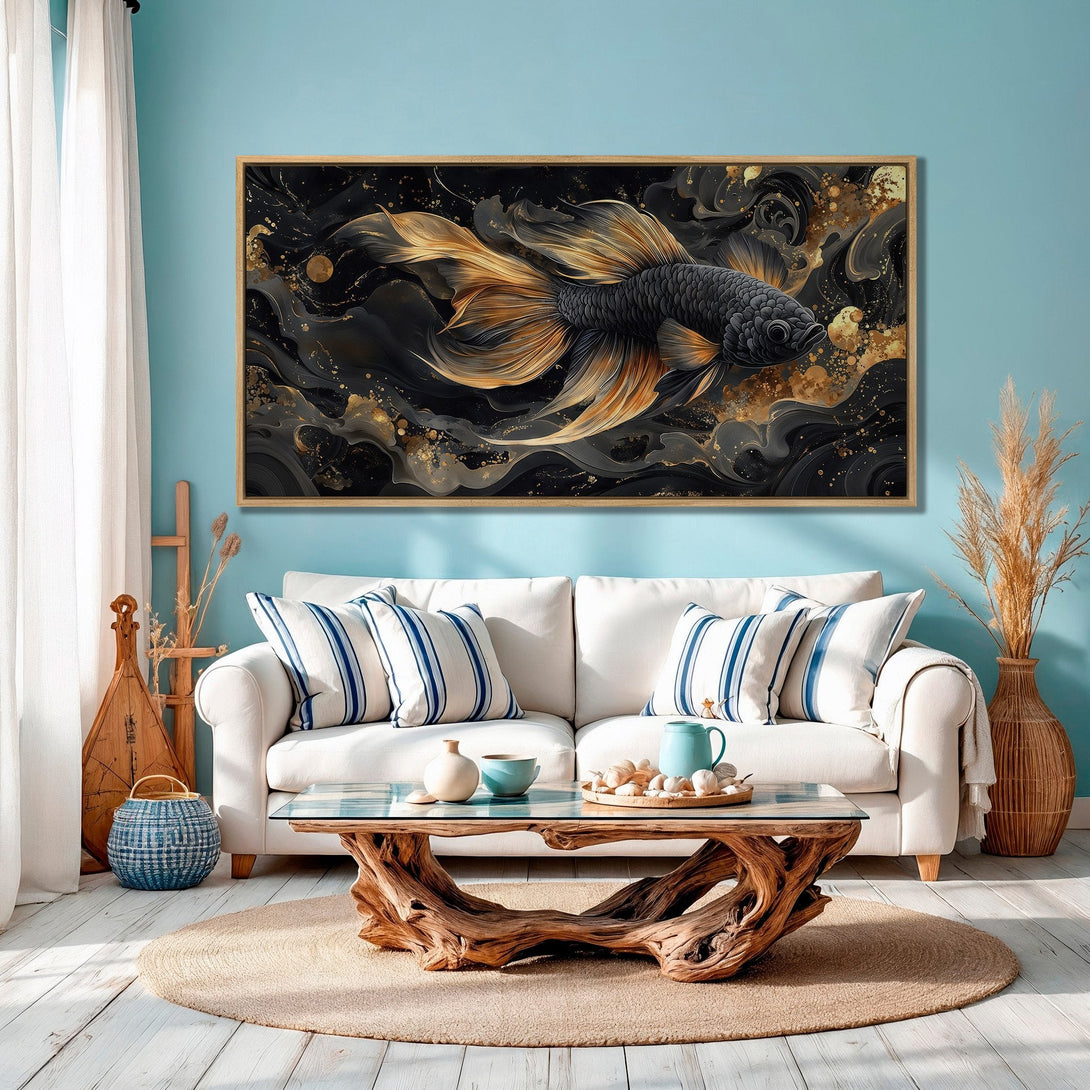 Framed Wall Art of a black and gold betta fish. Modern art style with a dark, luxurious color palette. Perfect for adding elegance to your space.