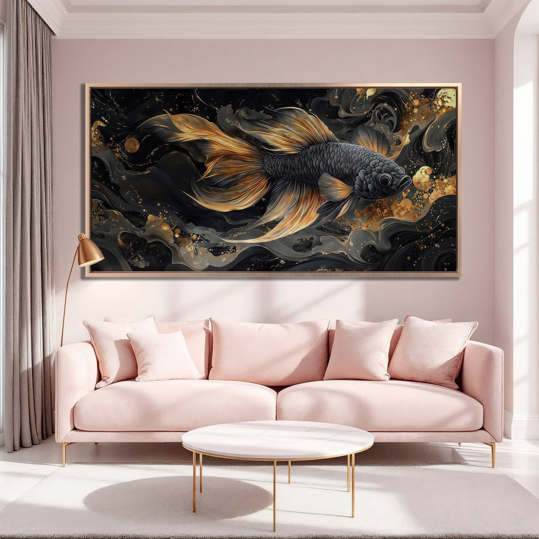 Framed Wall Art: Abstract black and gold betta fish canvas print. Modern art with a luxurious, elegant feel, perfect for home decor.