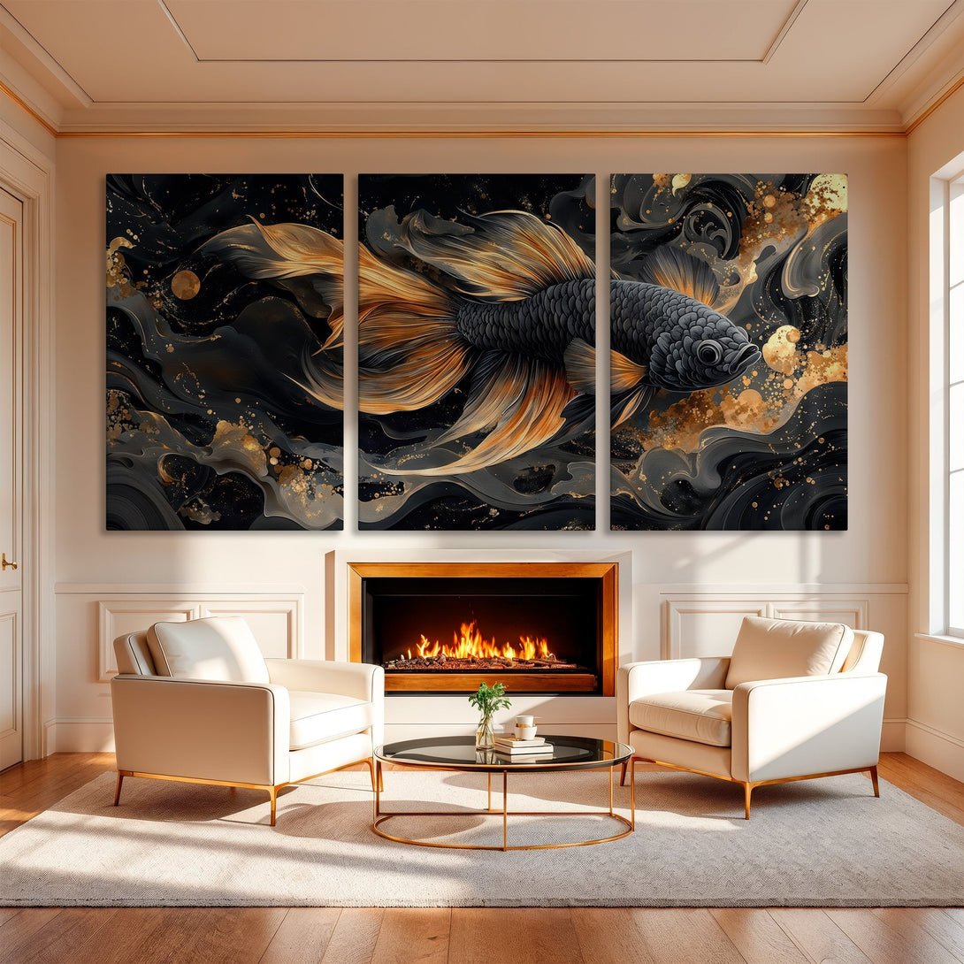 Elegant Canvas Print featuring a black and gold betta fish artwork. Modern abstract style with a luxurious black, gold, and neutral color palette. Perfect for home decor.