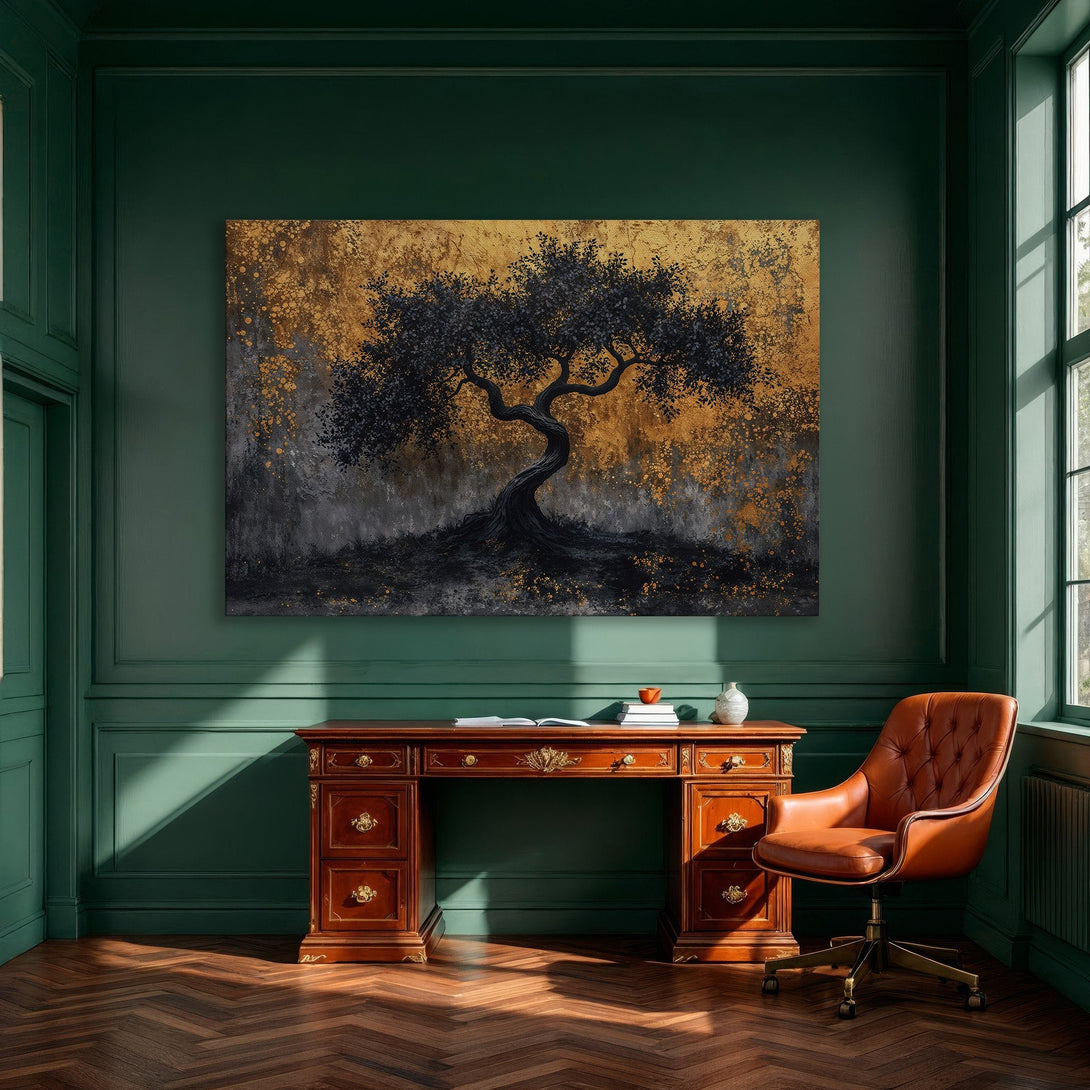 Framed Wall Art: Abstract tree painting in gold, black, and gray. Modern art canvas print adds elegance to any dining room decor.