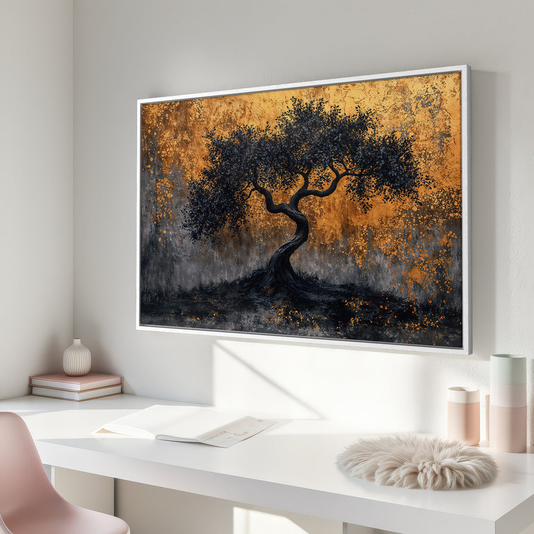 Framed Wall Art: Abstract tree art in gold, black, and gray. Modern canvas print adds a touch of elegance to any space. Shop now!