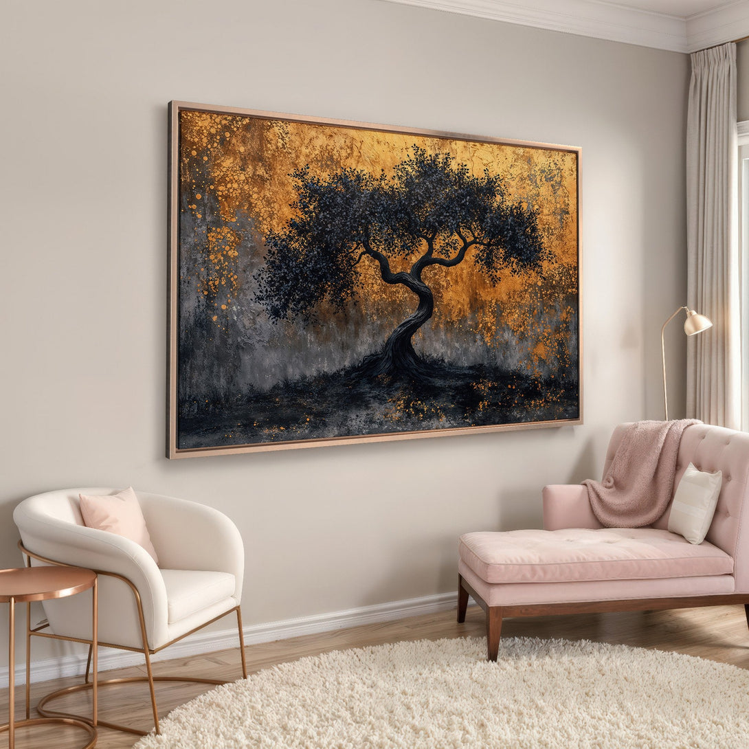 Framed Wall Art: Abstract tree painting in gold, black, and gray. Modern art canvas print adds elegance to any interior.