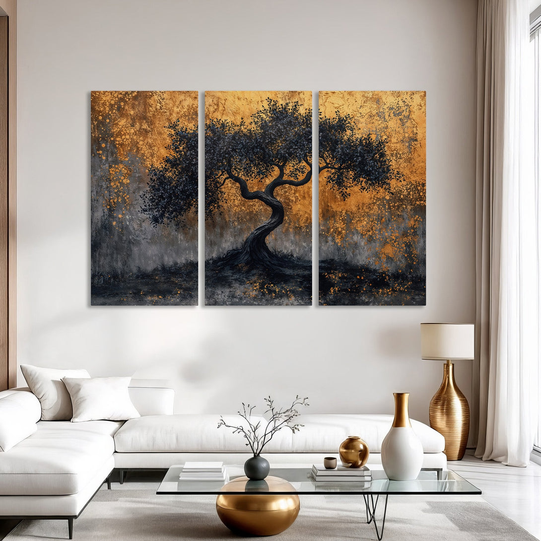 Abstract Canvas Print of a tree in gold and black tones. Modern wall art for living room decor.