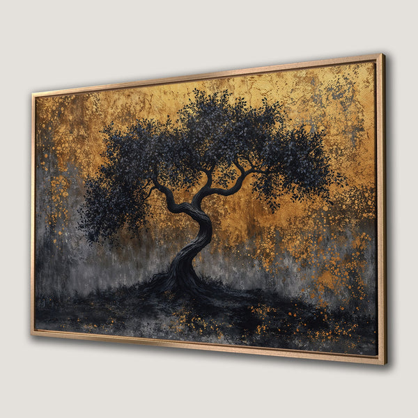 Framed Wall Art: Abstract tree painting in black and gold. Modern canvas art with a striking, textured finish. Perfect for any interior.