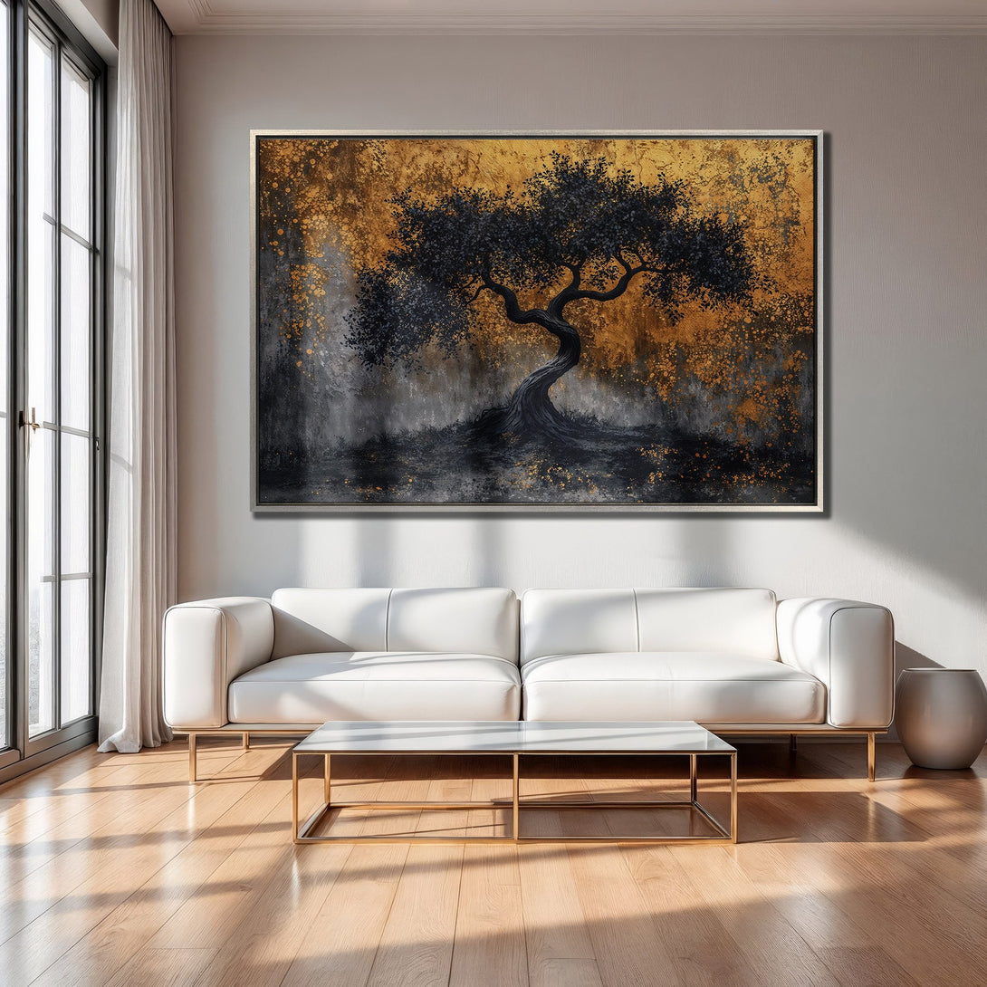 Framed Wall Art: Abstract black tree painting with gold accents. Modern canvas art in a living room with a neutral color palette.