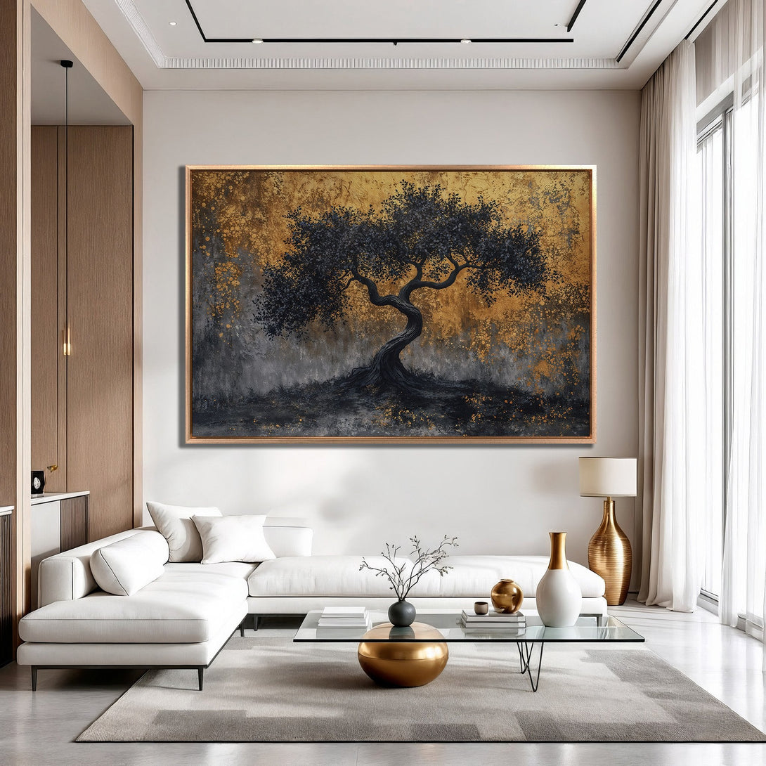 Framed Wall Art: Abstract tree painting in gold, black, and gray. Modern art canvas print for living room decor. Enhance your space with this artwork.