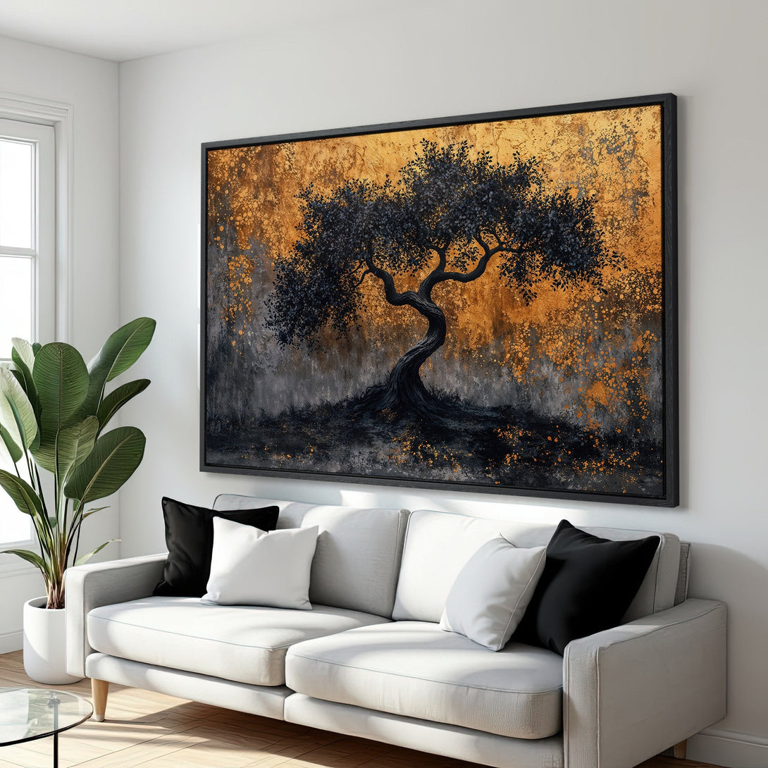 Framed Wall Art: Abstract tree painting in black, gold, and gray tones. Modern art for your home decor.
