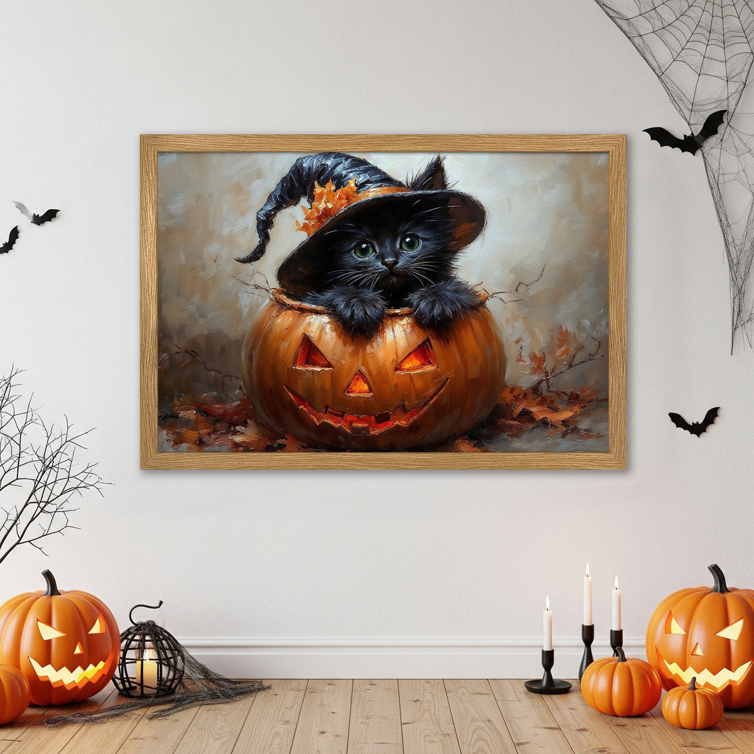 Framed Poster of a black cat in a pumpkin, Halloween art, warm orange and beige palette, perfect for spooky decor.