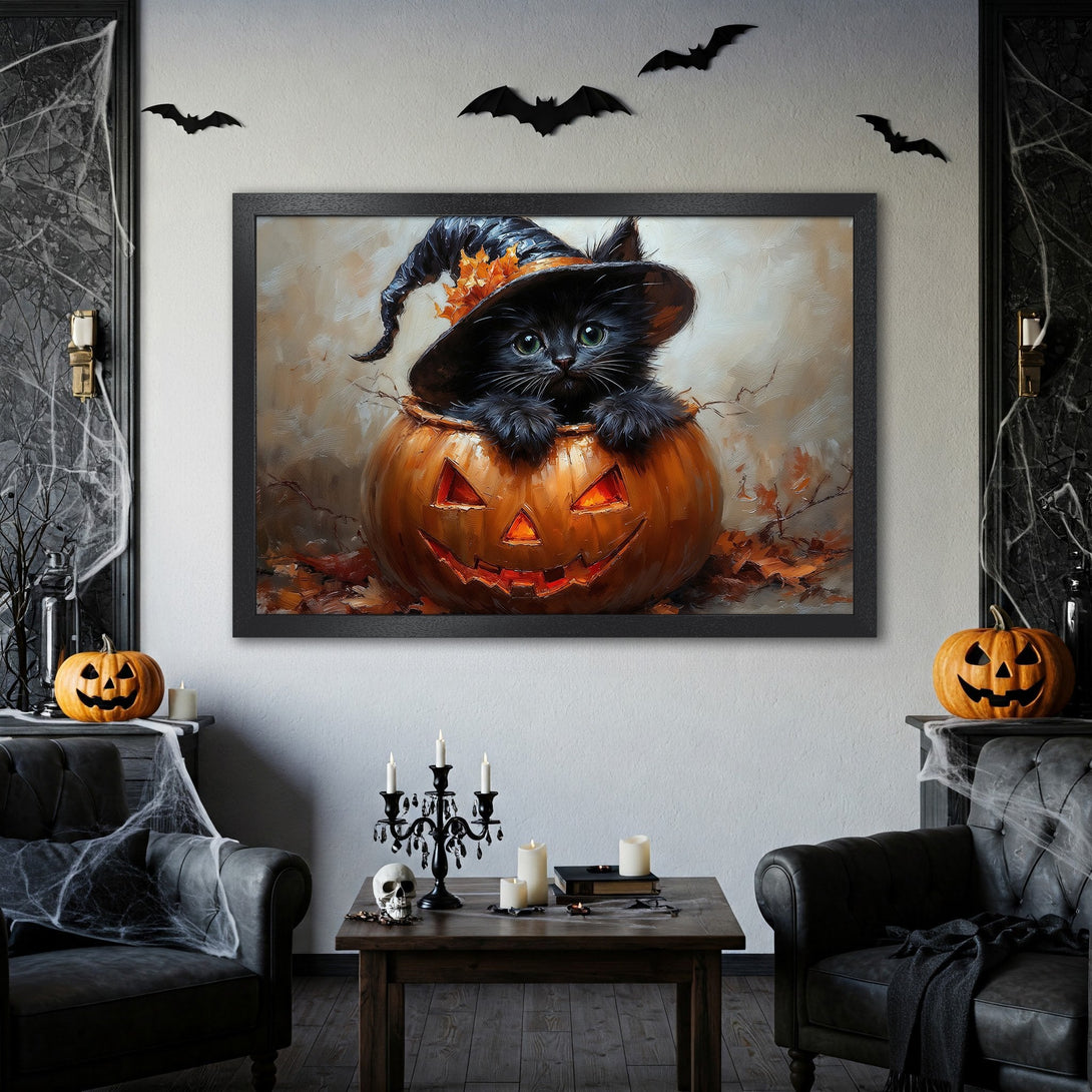 Framed Poster featuring a cute black cat in a pumpkin, painted in a whimsical style with orange, black, and neutral tones. Perfect Halloween decor!