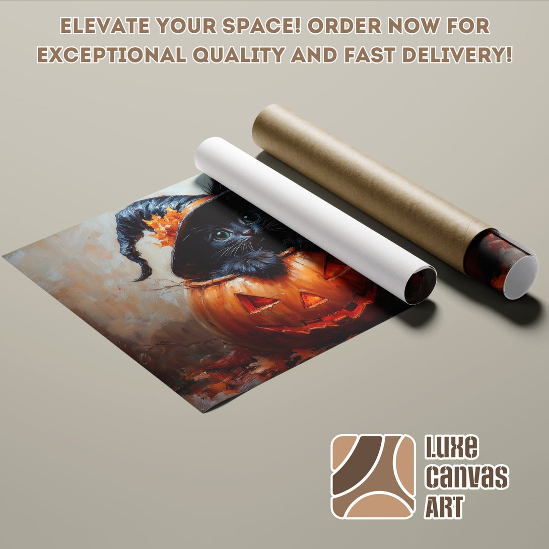 Halloween Poster Roll featuring a black cat in a pumpkin, warm color palette, perfect for your space!