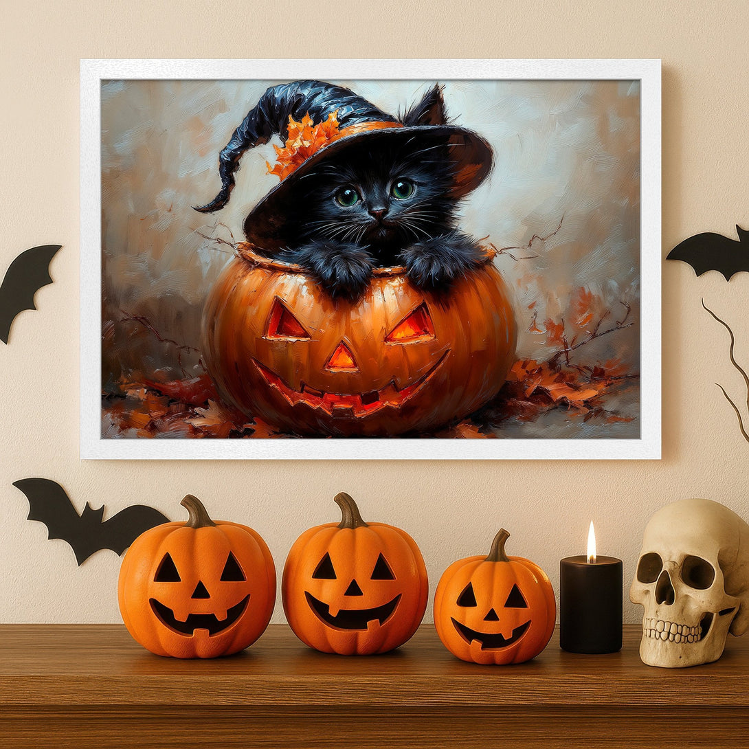 Framed Poster featuring a cute black cat in a witch hat inside a jack-o'-lantern. Warm orange and brown palette, perfect for Halloween decor.
