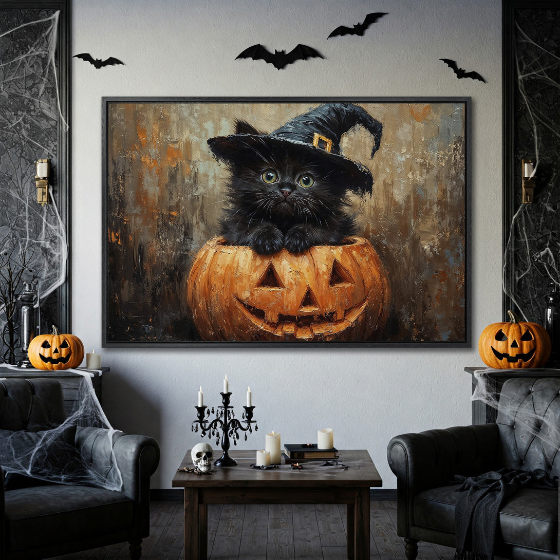 Framed Wall Art: Halloween cat in pumpkin art print with warm orange and brown tones, perfect for spooky decor.