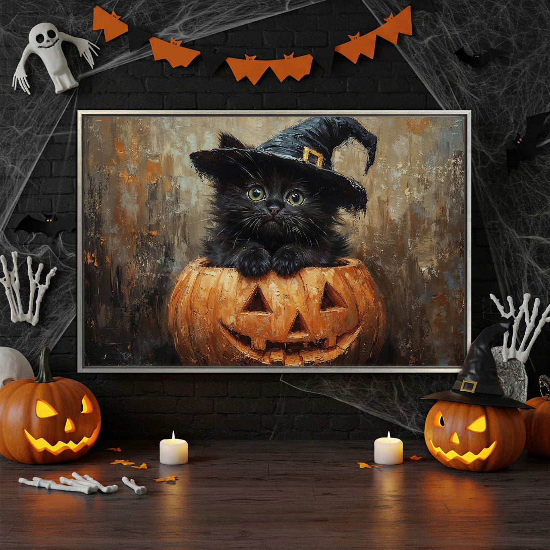 Framed Wall Art: Adorable Halloween cat in a witch hat inside a pumpkin. Warm orange and black palette. Perfect spooky decor!