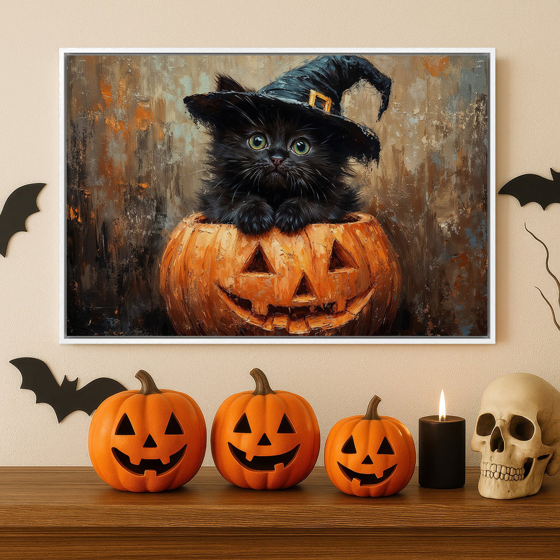 Framed Wall Art: Adorable black cat in a witch hat inside a carved pumpkin. Halloween decor with warm orange, brown, and black color palette.