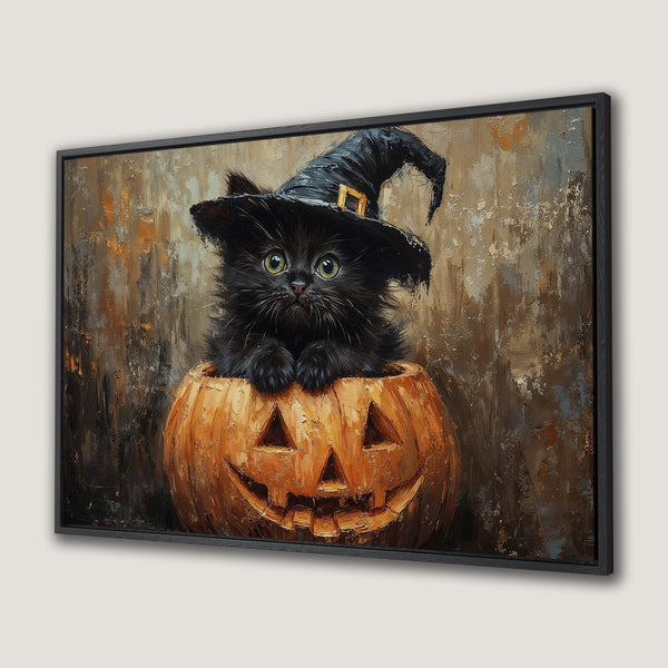 Framed Wall Art: Adorable black kitten in a witch hat inside a pumpkin. Halloween-themed canvas print with warm orange, brown, and black tones. Perfect spooky decor!