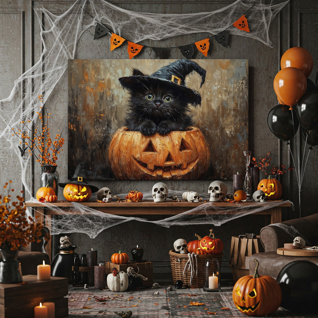 Framed Wall Art: Adorable black cat in witch hat inside a jack-o'-lantern. Halloween-themed art with warm orange, brown, and black color palette. Perfect fall decor.