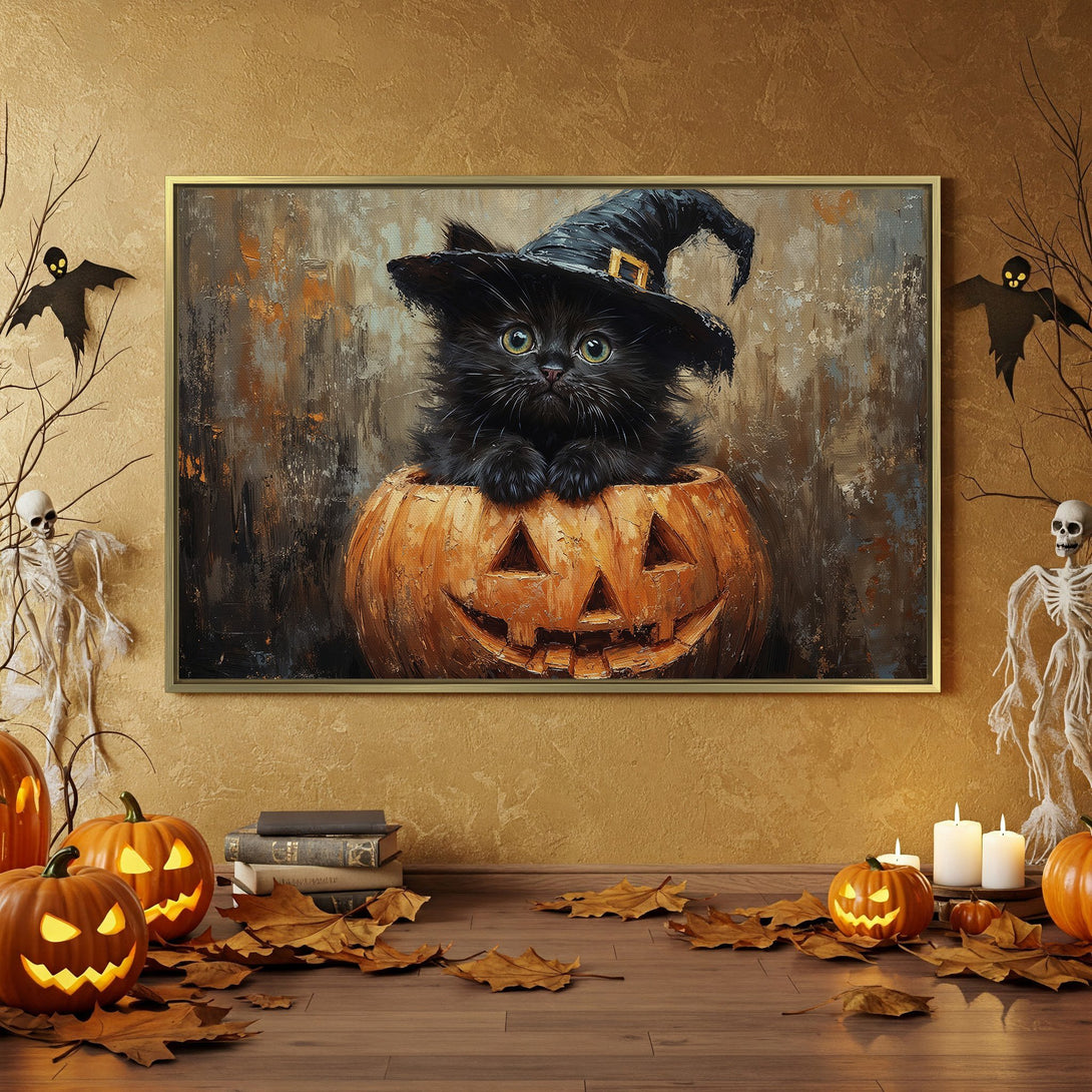 Canvas Print of a black cat in a pumpkin, Halloween decor with orange and black color palette. Spooky, festive wall art.