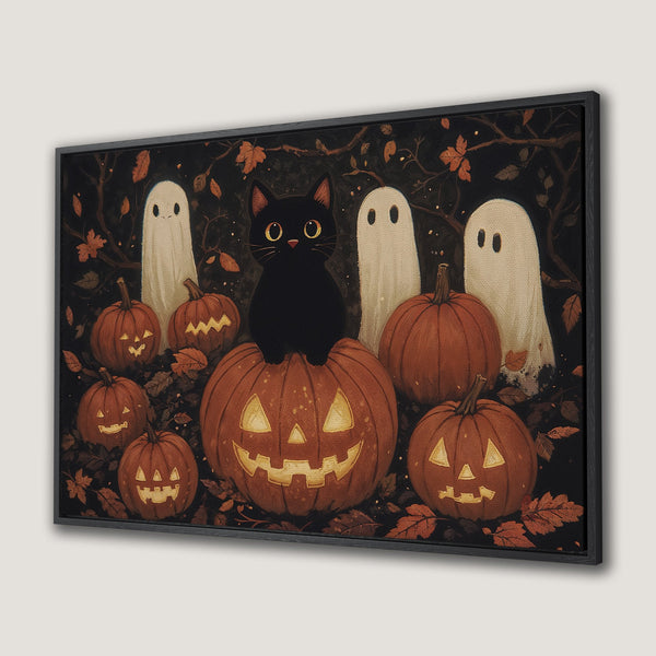 Framed Wall Art: Adorable Halloween scene with a black cat, pumpkins, and ghosts. Cozy, whimsical art in warm orange, black, and cream tones. Perfect for fall decor!