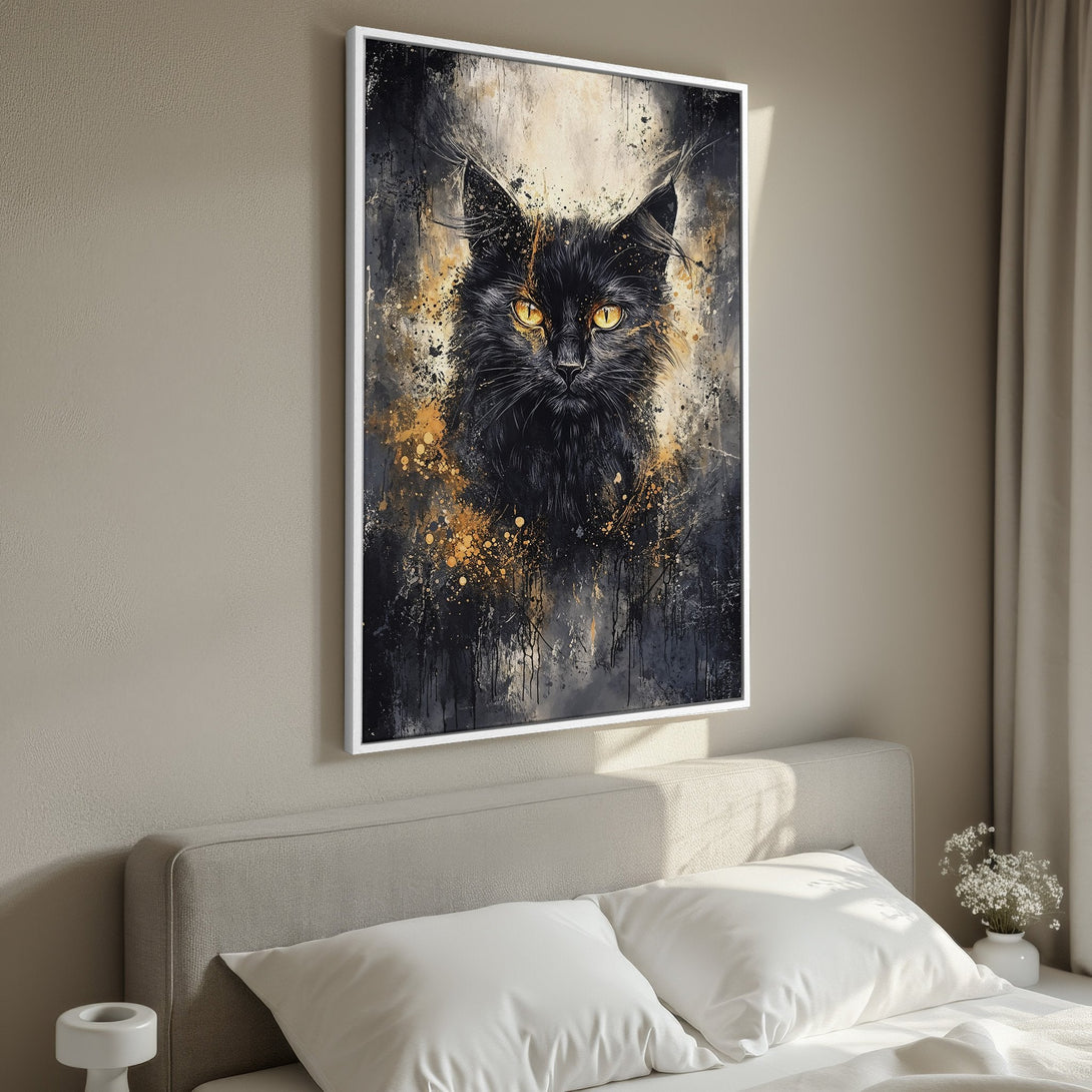 Framed Wall Art: Abstract black cat portrait with gold accents. Modern art Canvas Print in a bedroom, featuring a moody, neutral color palette.