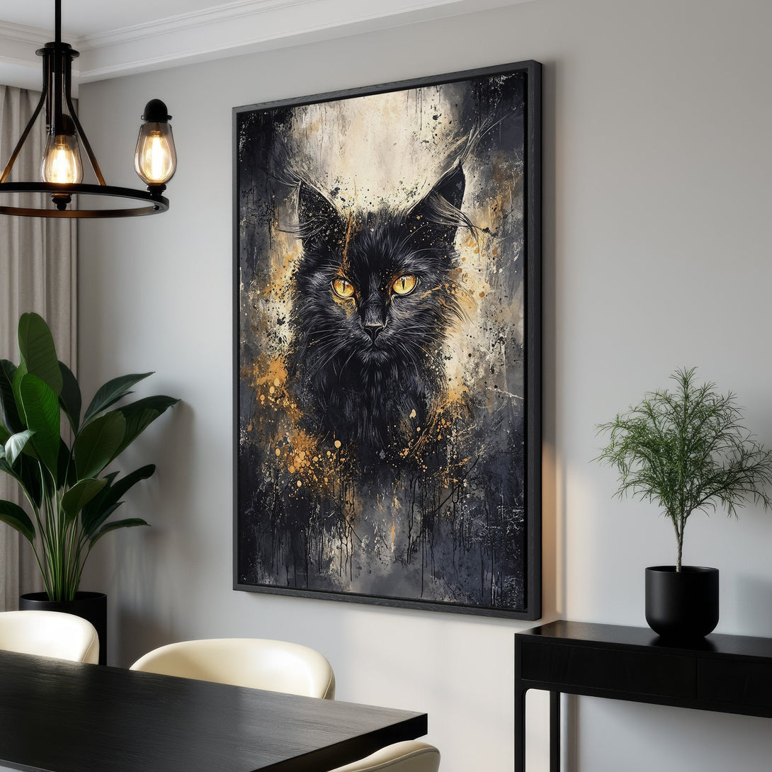 Framed Wall Art: Abstract cat portrait in black, gold, and gray tones. Add a touch of modern elegance with this stunning canvas print.
