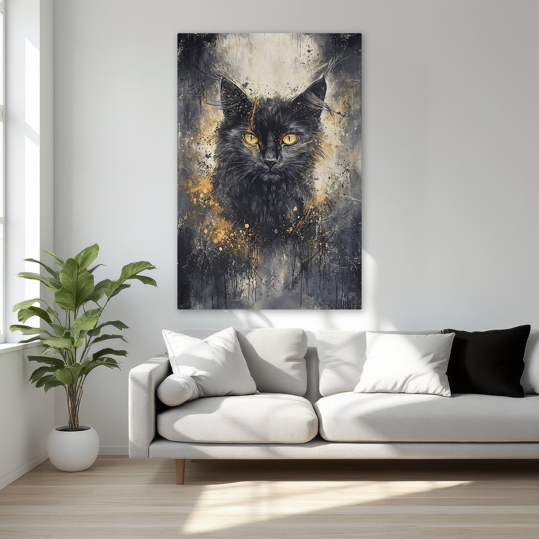 Framed Wall Art: Abstract black cat portrait with gold accents. Modern canvas print for a stylish home decor. Black, gold, and neutral color palette.