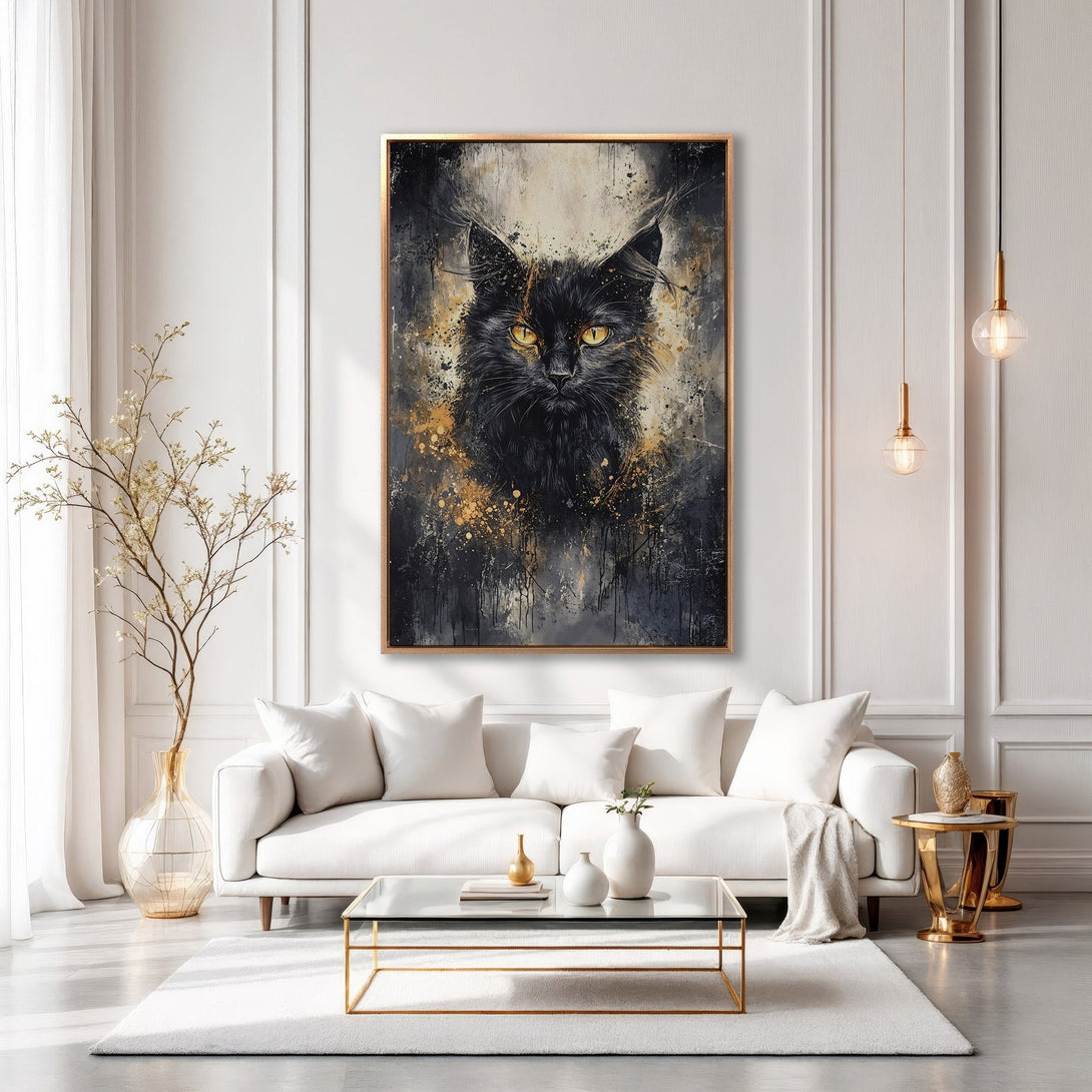 Framed Wall Art: Abstract black cat portrait with gold accents. Modern art canvas print in a living room with white and gold decor.