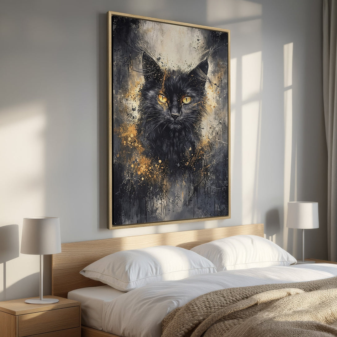 Framed Wall Art: Abstract black cat portrait with gold accents. Modern art canvas print in a bedroom setting with a neutral color palette.
