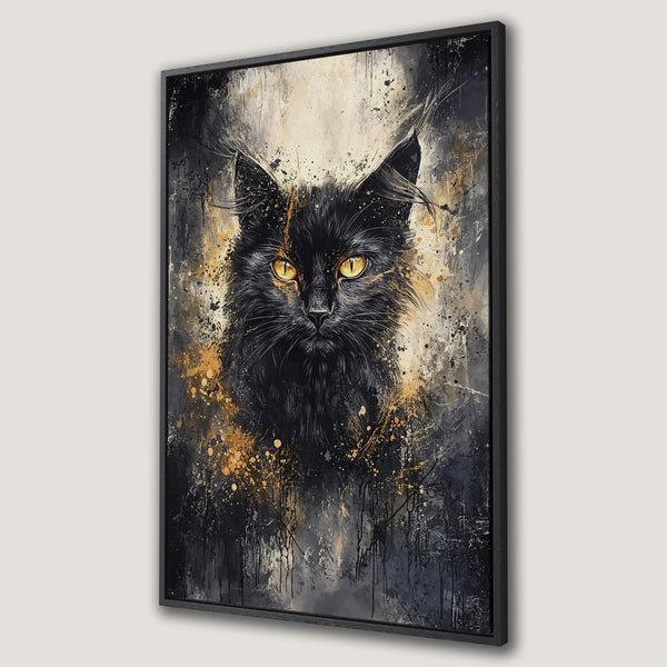 Framed Wall Art: Abstract black cat portrait Canvas Print with gold accents. Modern art in a moody, dark color palette. Perfect for any space.