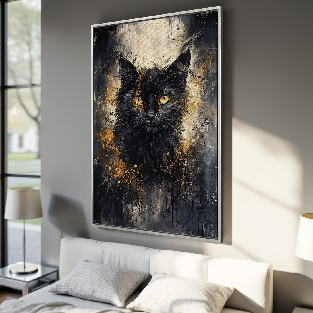Framed Wall Art: Stunning black cat portrait in abstract style with gold and grey accents. Add a touch of elegance to your space with this beautiful canvas print!