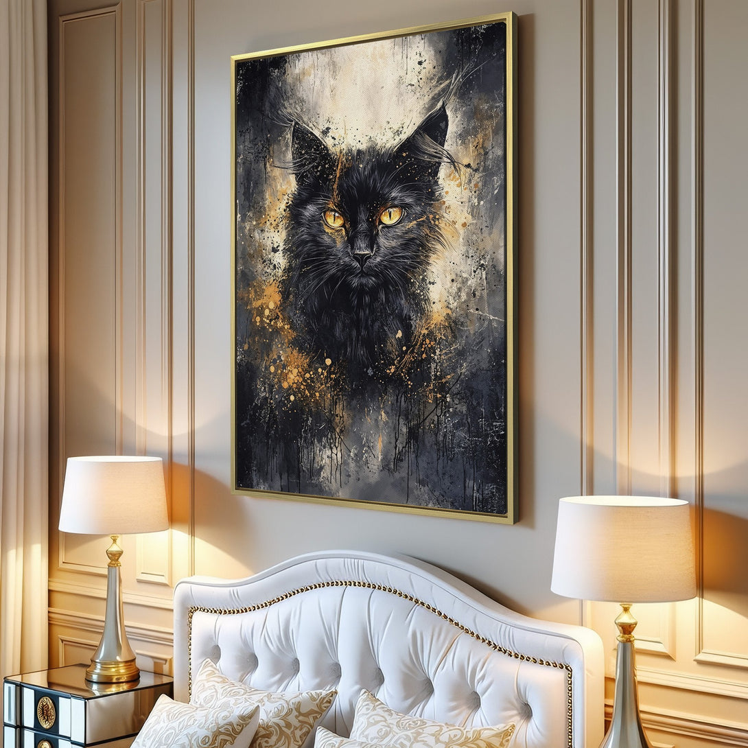 Abstract Canvas Print of a black cat with gold accents. Modern art in a neutral color palette, perfect for stylish home decor.