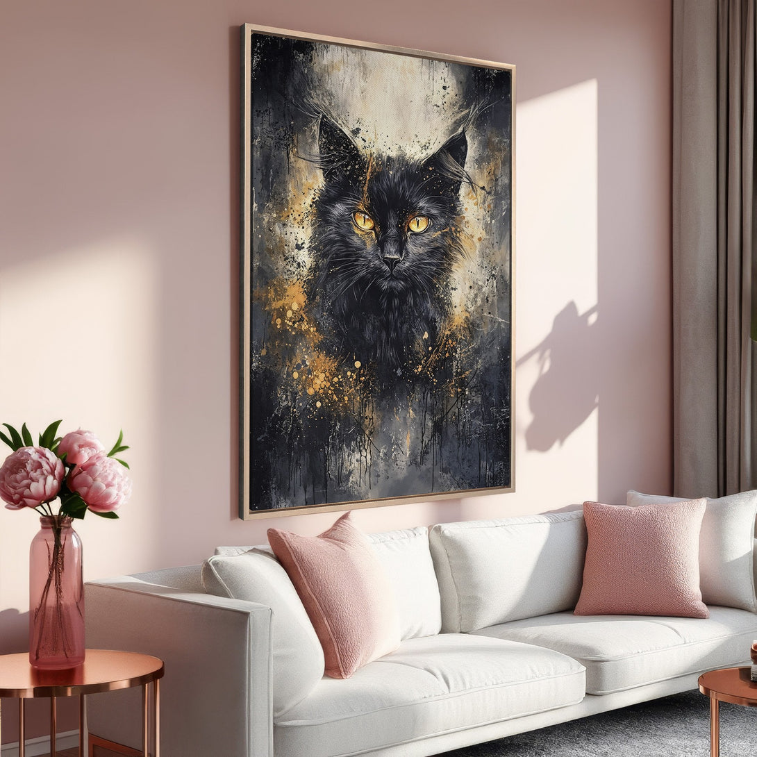 Framed Wall Art: Abstract black cat portrait with gold accents. Modern art in a neutral color palette, perfect for home decor.