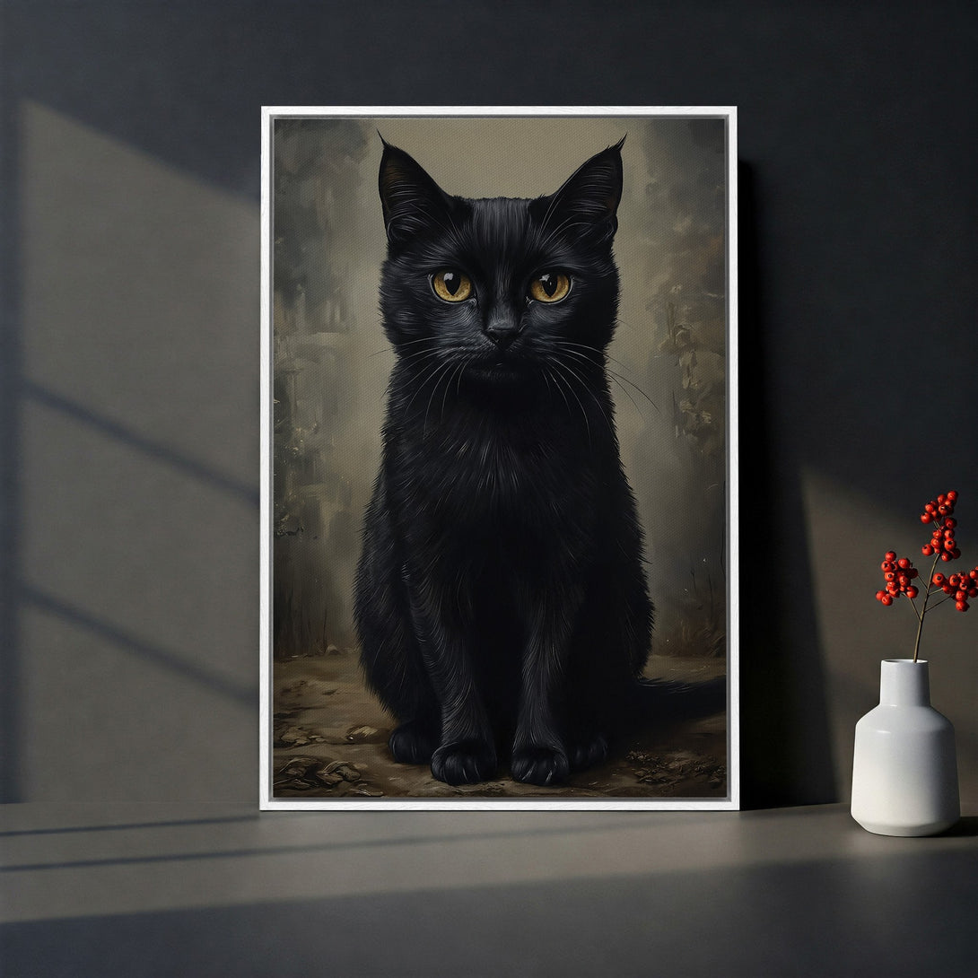 Framed Wall Art featuring a striking black cat portrait. Elegant, vintage-style art with a neutral color palette. Perfect for adding a touch of sophistication.