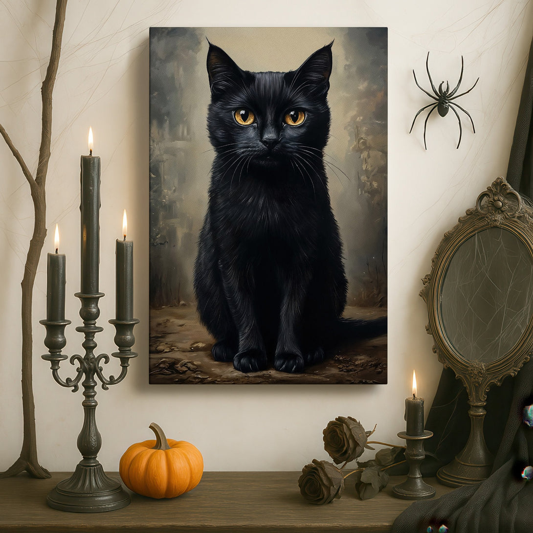 Framed Wall Art: Regal black cat portrait in a moody, vintage style. Earthy tones & dramatic lighting create a sophisticated aesthetic. Perfect for any space.