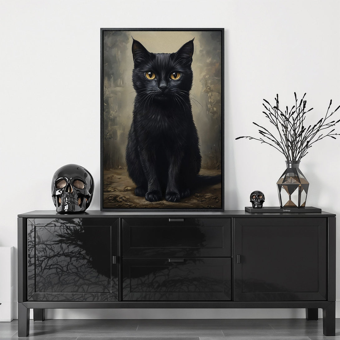 Framed Wall Art: Black cat portrait in moody, painterly style. Featuring a striking black cat with yellow eyes, set against a neutral, sepia-toned background. Perfect for modern decor.
