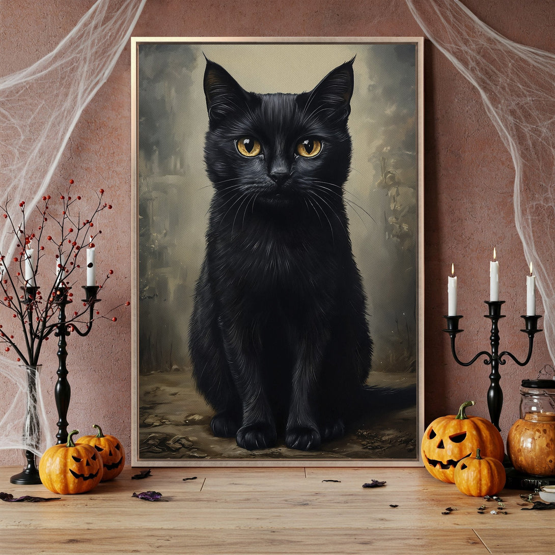 Framed Wall Art featuring a striking black cat portrait. Gothic style with a warm, earthy color palette, perfect for Halloween decor.