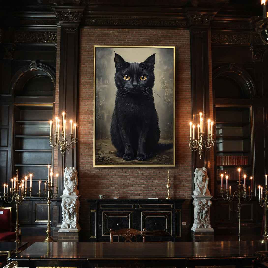 Canvas Print of a black cat with golden eyes, a spooky, vintage style. Neutral color palette with a touch of Halloween decor.