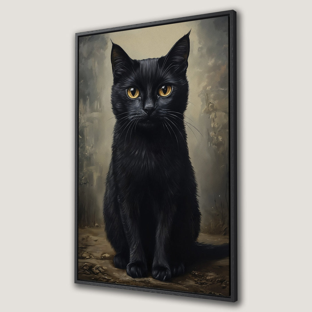 Framed Wall Art: Regal black cat portrait in vintage style. Earthy tones with striking yellow eyes. Perfect for cat lovers.