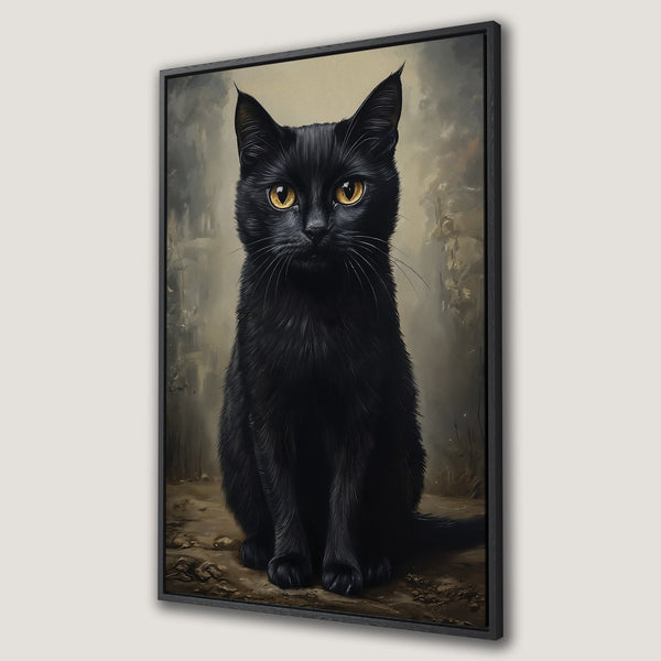 Framed Wall Art: Regal black cat portrait in vintage style. Earthy tones with striking yellow eyes. Perfect for cat lovers.