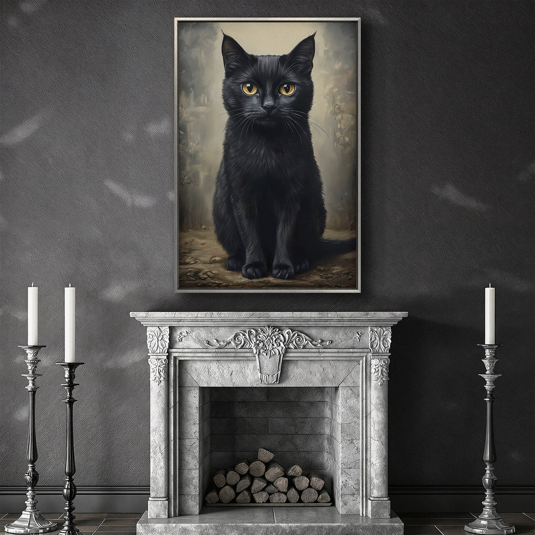 Framed Wall Art: Regal black cat portrait in a classic style, displayed in a dark interior. Featuring a neutral color palette. Perfect home decor!