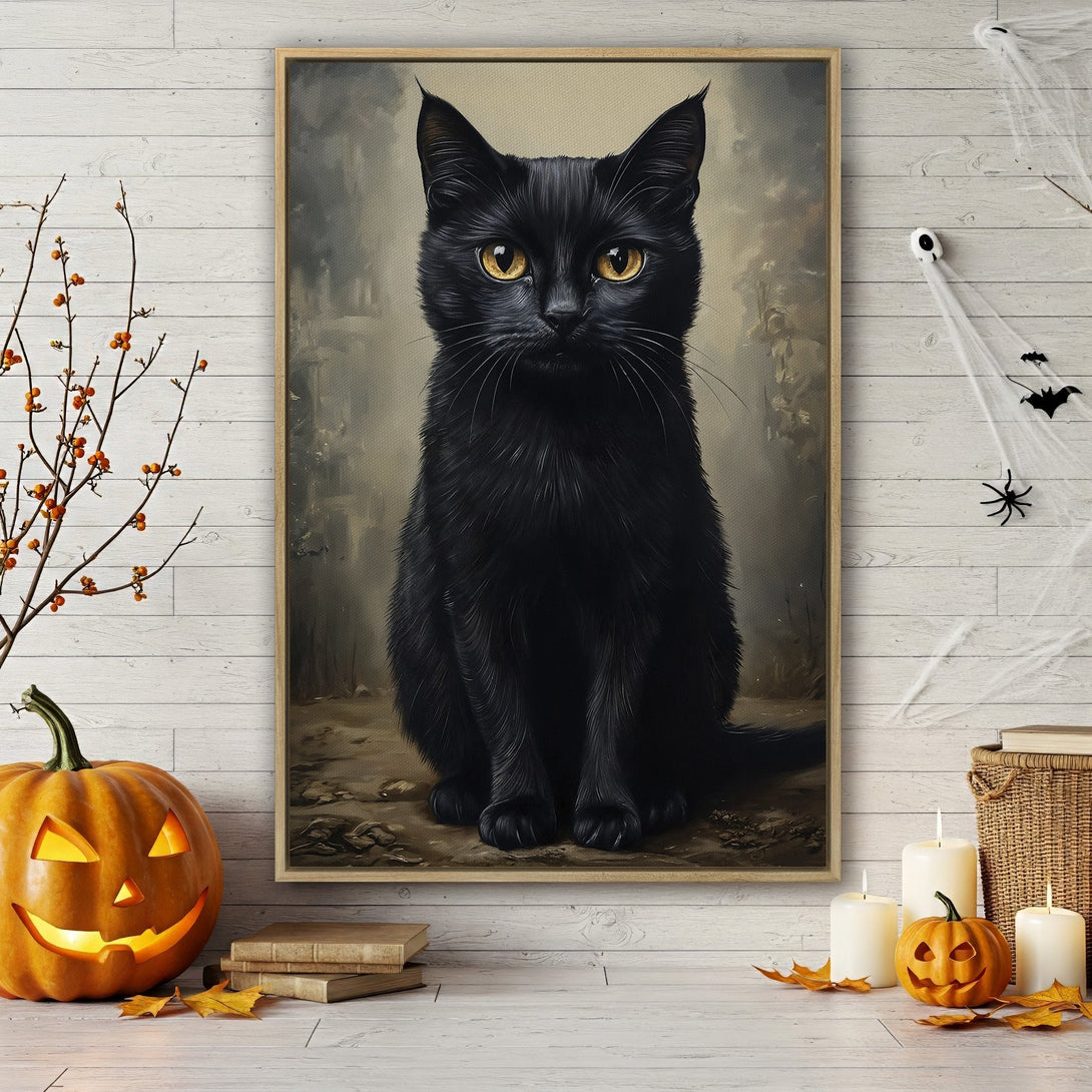 Framed Wall Art featuring a majestic black cat with golden eyes. A stylish, vintage-inspired canvas print with a neutral and earthy color palette, perfect for Halloween decor.