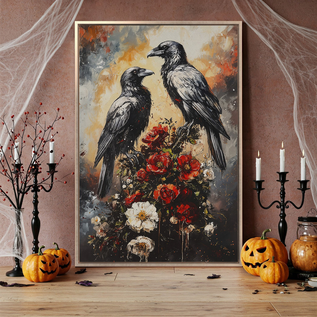Framed Wall Art: Dramatic painting of ravens and roses in a moody, abstract style. Rich red, black, and gold color palette. Perfect Halloween decor.