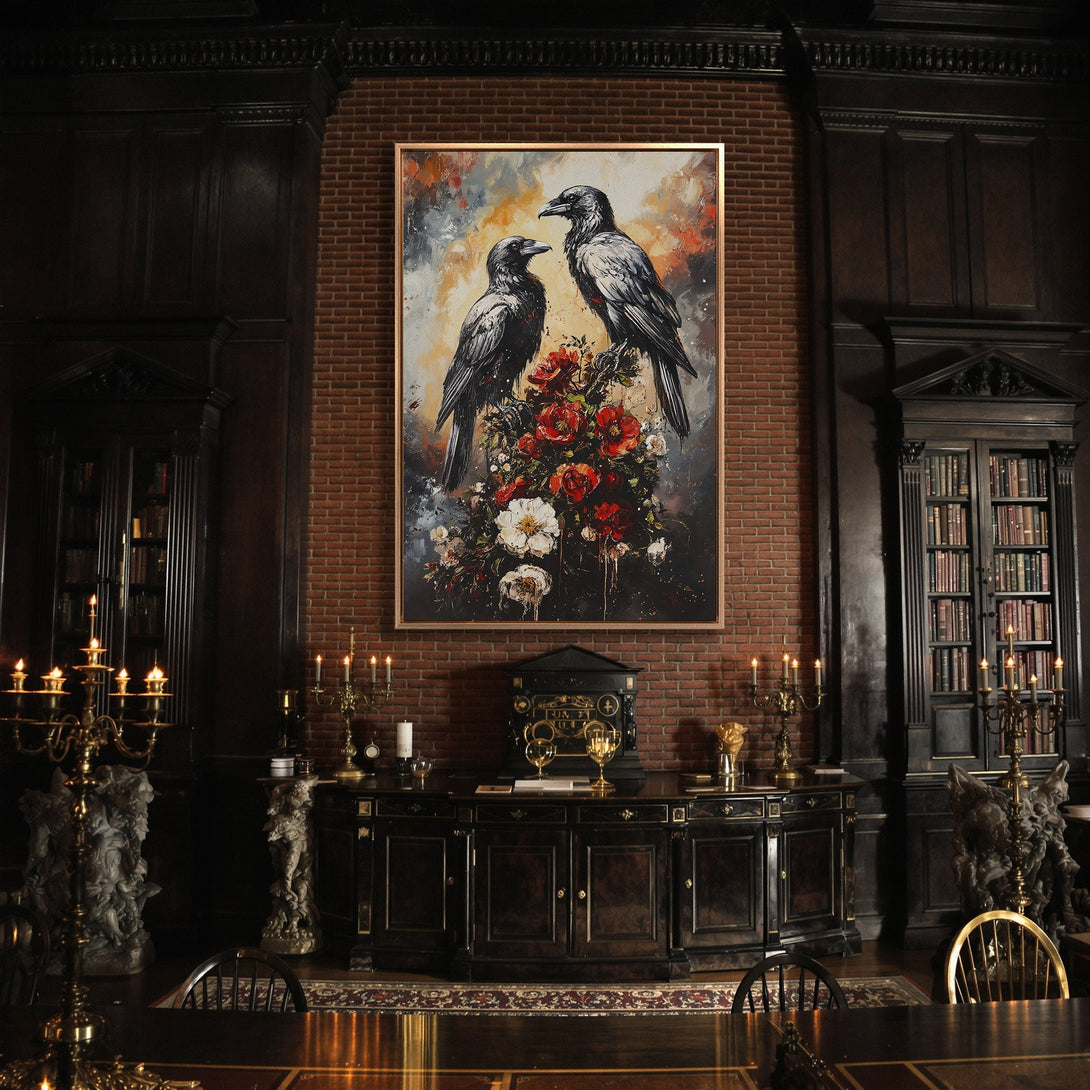 Framed Wall Art: Dramatic raven painting in a moody interior. Features a dark, romantic color palette with red, black, and grey tones. Perfect for a gothic aesthetic.