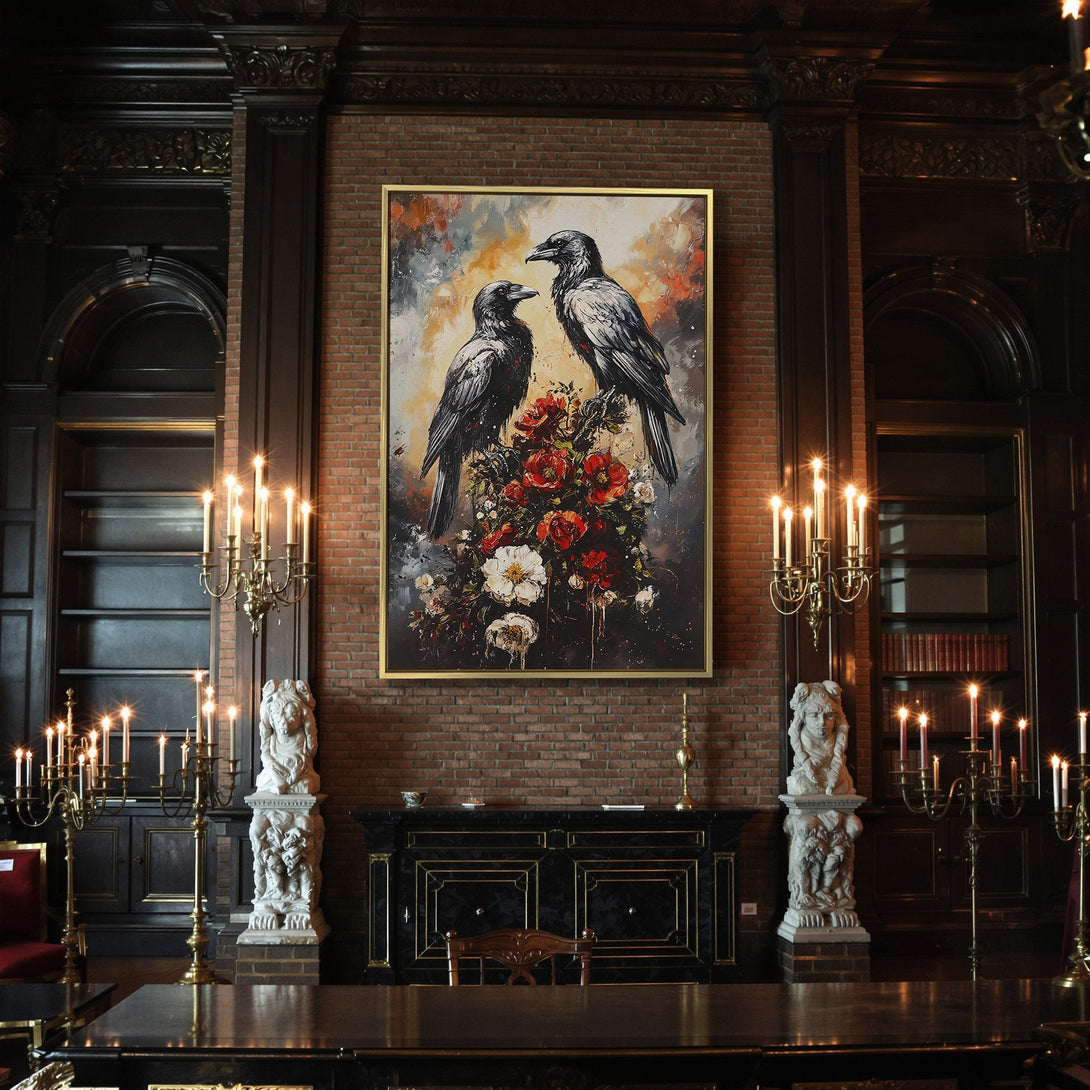 Canvas Print of two ravens perched on flowers, an oil painting style with a dark, moody color palette of red, black, and orange.