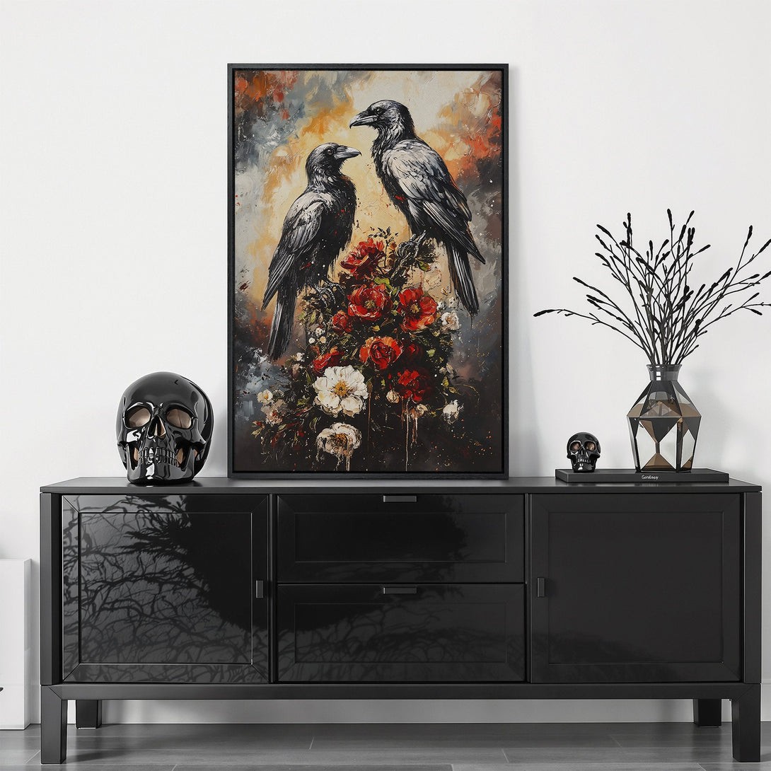 Framed Wall Art featuring two ravens perched on flowers. Moody abstract style with a dark, dramatic color palette of black, red, and grey. Perfect for modern decor.