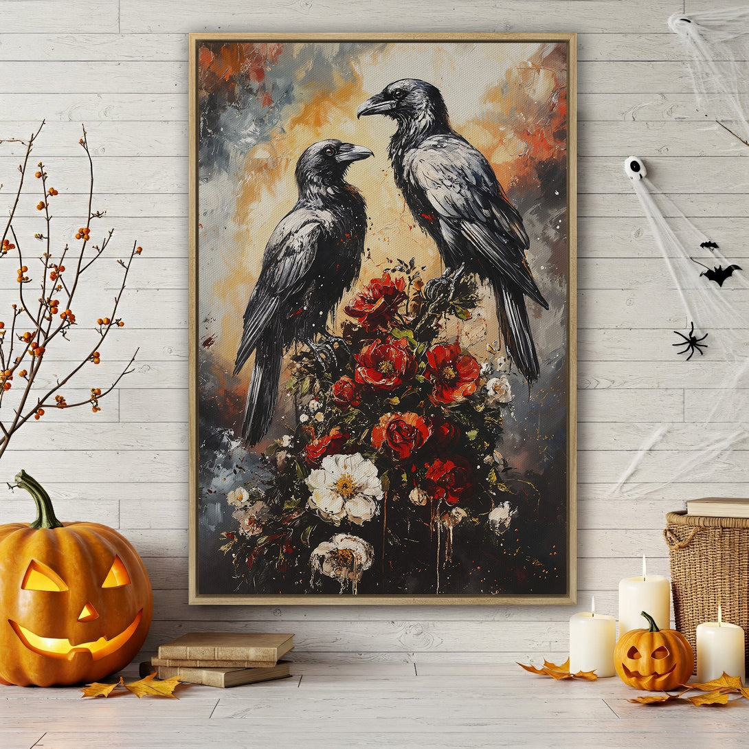 Framed Wall Art featuring two crows perched on flowers. Dramatic, painterly style with a dark, moody color palette of black, red, and gray. Perfect for Halloween decor.