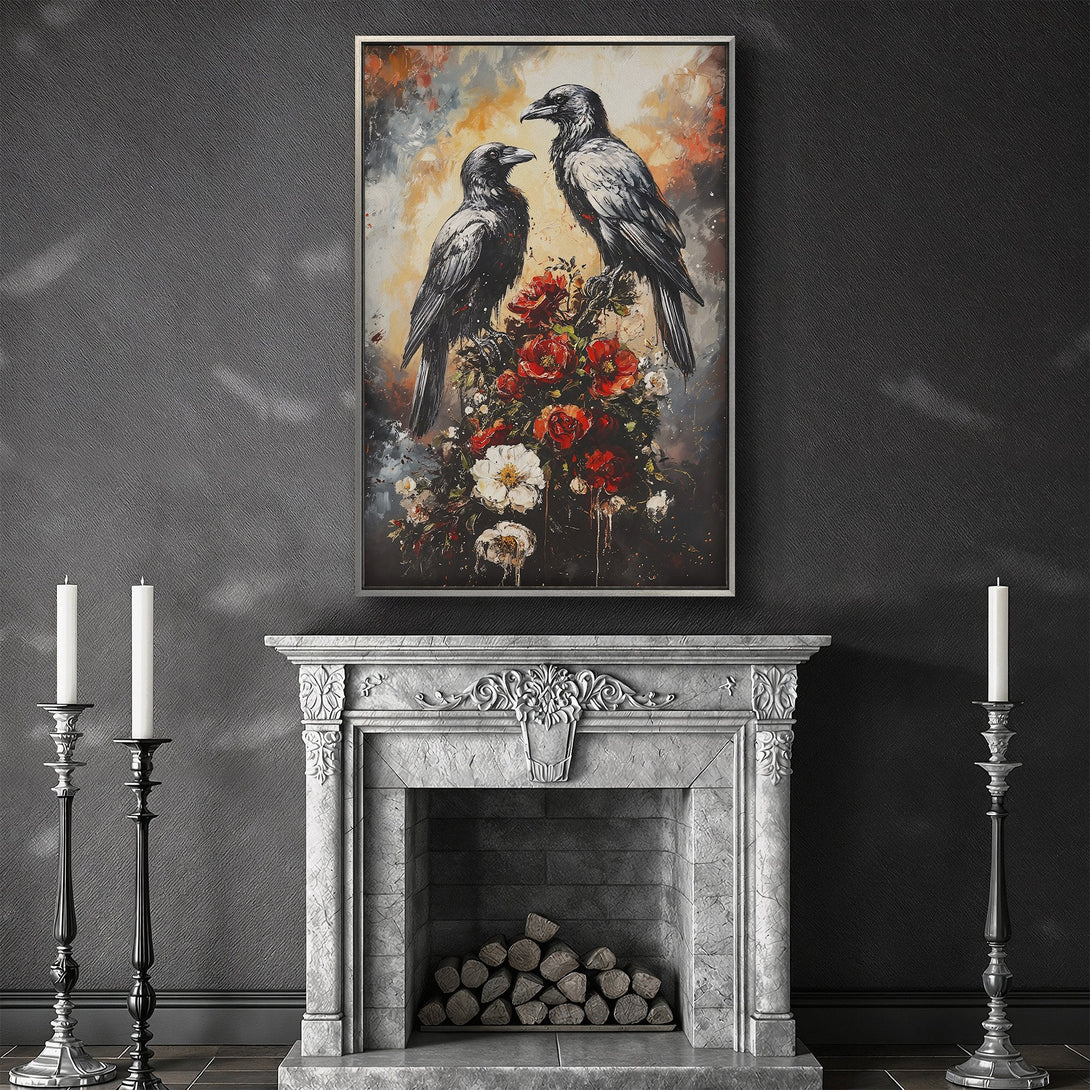Framed Wall Art featuring two ravens perched on flowers. Dark, moody color palette with red, black, and gray tones. Perfect for adding a touch of elegance.