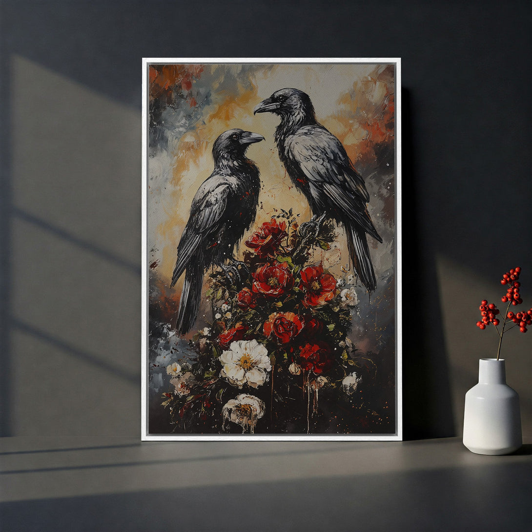 Framed Wall Art featuring two crows perched on flowers. Dark, moody painting with a red, white, and gray color palette. Perfect for adding a touch of elegance.