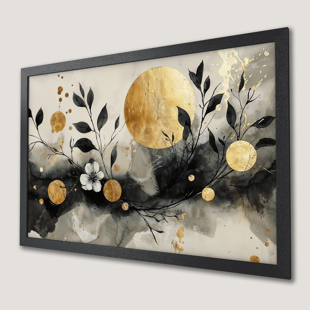 Framed Poster featuring abstract floral art in black, gold, and neutral tones. Modern wall decor for any space.